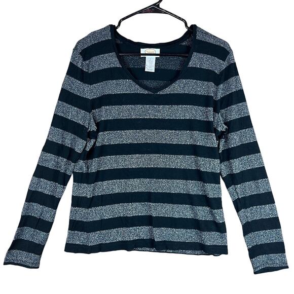 Talbots Womens Sweater Black Silver Metallic Blend Striped Lightweight Large - Picture 1 of 13